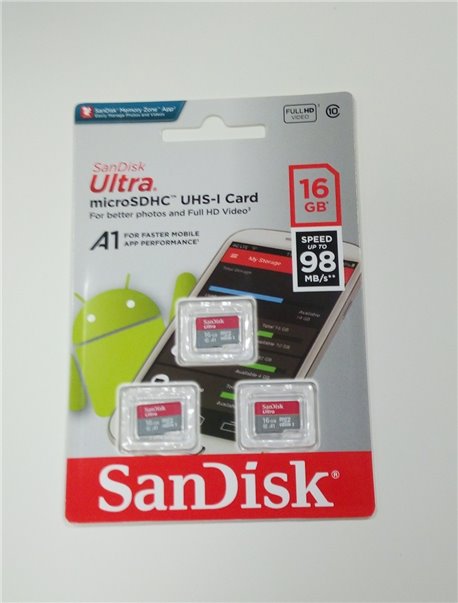 SanDisk 16GB Ultra MicroSDHC 98 MB/s, C10,U1, Full HD,A1 per 3