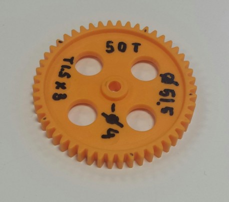 Gearwheel 3mm pitch 50T - Gearwheel Plastic. outside Ø 51,5mm. 50 tooth 2,2mm, 3mm pitch, face width 6mm. shaft 4mm Ø.