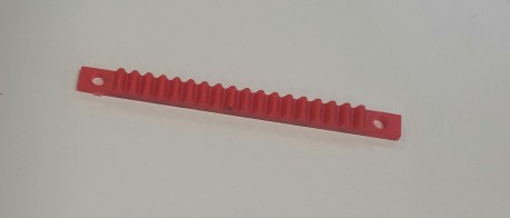 Gear bar,toothedrack 3mm pitch - Plastic. outside 75mm long. 18 tooth 2.2mm, 3mm pitch, face width 5.3mm. 63mm pitch mounting